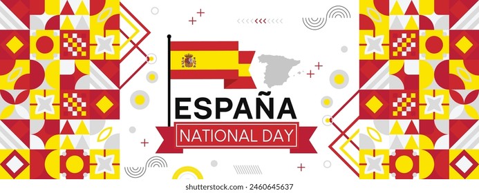 Anuncio de día nacional de España o Espania con mapa, fondo temático de colores de banderas y diseño geométrico abstracto retro moderno de color rojo y azul.