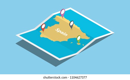 spain explore maps country nation with isometric style and pin location tag on top vector illustration
