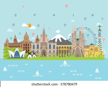 Spain Famous Landmarks Infographic Templates for Traveling Minimal Style and Icon, Symbol Set Vector Illustration Can be use for Poster Travel book, Postcard, Billboard.