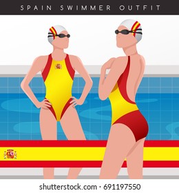 Spain : Female Swimmers : Swimmers in National Swimsuits : Vector Illustration