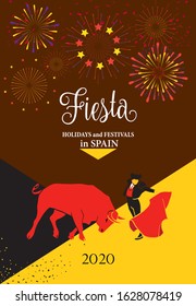 Spain fiestas Bullfighting abstract poster. 2024 Spanish San Fermin Festivals, wallpaper. Running bulls main attraction famous celebration, Pamplona fiesta vector logo Bullfight matador Corrida arena