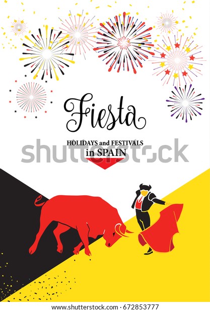 スペインのフィエスタや祭りの抽象的ポスター スペインのサンフェルミン祭り 壁紙 雄牛の駆け回りが この有名なお祝い パンプローナ フィエスタの主な見どころです ベクター闘牛チラシ のベクター画像素材 ロイヤリティフリー