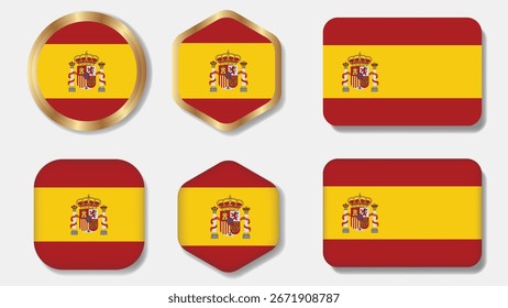 Spain flag badges and icons collection. Gold border button set. Vector illustration.