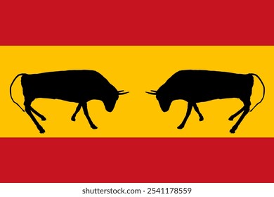 Espanha bandeira Bullfight touro batalha vetor silhueta ilustração isolado. Reprodução em forma de touro sombra material genético inseminação. Alimentos orgânicos. Forte animal poderoso chifres de touro lutando em corrida