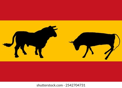 Espanha bandeira Bullfight touro batalha vetor silhueta ilustração isolado. Reprodução em forma de touro sombra material genético inseminação. Alimentos orgânicos. Forte animal poderoso chifres de touro lutando em corrida