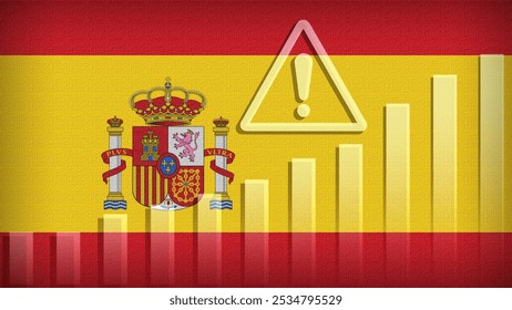 Spain flag with burlap texture, warning sign, and rising bar chart symbolizing increasing risk or growth challenges in the country. Ideal for data presentations.