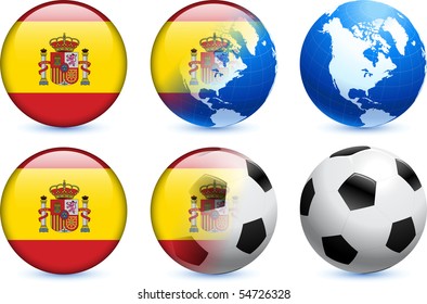 Spain Flag Button with Global Soccer Event Original Illustration