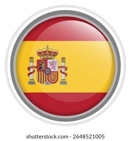 Spain Flag Button Icon Glossy Round National Emblem Vector Illustration