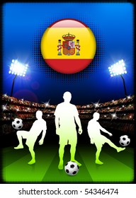 Spain Flag Button with Soccer Match in Stadium Original Illustration