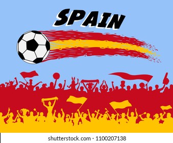 Spain flag colors with soccer ball and Spanish supporters silhouettes. All the objects, brush strokes and silhouettes are in different layers and the text types do not need any font. 