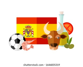 Spain flag with a composition of traditional country symbols isolated on white background. Vector illustration in flat style. Template for travel agencies and advertising. Pre-made card.