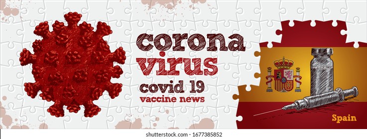 Spain flag, corona virus and vaccine. Puzzle concept hand drawing