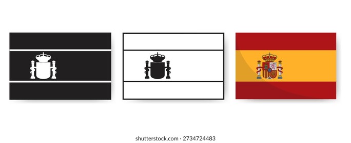 Spain flag design set with minimalist silhouette, line art, and official red and yellow colors. Ideal vector elements for Spanish culture, language learning, and travel branding. 