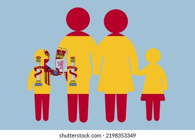 Spain flag with family concept, vector element, parent and kids holding hands, immigrant idea, happy family with Spain flag, flat design asset