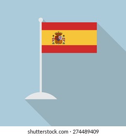 Spain flag with flagpole flat icon with long shadow. Vector illustration EPS10