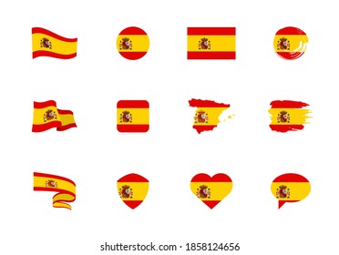 Spain flag - flat collection. Flags of different shaped twelve flat icons. Vector illustration set