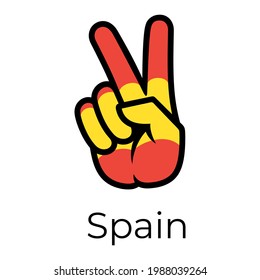 Spain flag in the form of a peace sign. Gesture V victory sign, patriotic sign, icon for apps, websites, T-shirts, souvenirs, etc., isolated on white background