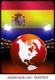 Spain Flag with Globe on Stadium Background Original Illustration