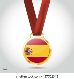 Spain Flag in gold Medal. Vector Illustration. RIO Olympic Game gold Medal. Vector Illustration