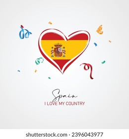 Spain flag with a heart shape, with I love my country slogan for Spain Independence Day. Vector illustration.