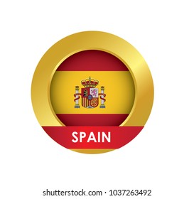 Spain flag Icon button with golden circle, vector illustration
