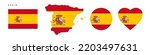 Spain flag icon set. Spanish pennant in official colors and proportions. Rectangular, map-shaped, circle and heart-shaped. Flat vector illustration isolated on white.