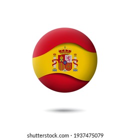 Spain flag icon in the shape of circle. Waving in the wind. Abstract waving spanish flag. Paper cut style. Vector symbol, icon, round button