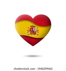 Spain flag icon in the shape of heart. Waving in the wind. Abstract waving spanish flag. Paper cut style. Vector symbol, icon, button