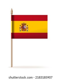 Spain flag icon. Spanish flag on a gold flagpole. Vector illustration isolated on white