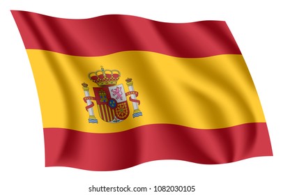 Spain flag. Isolated national flag of Spain. Waving flag of the Kingdom of Spain. Fluttering textile spanish flag.