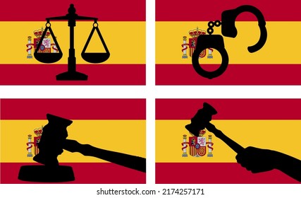 Bandera de España con silueta vectorial de la justicia, martillo de gavel y escalas de justicia y silueta de esposas en la bandera del país, concepto jurídico español, activo de diseño, idea de libertad