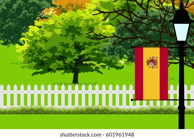 Spain Flag, Landscape of Park, Trees, Fence wooden and Street light Vector Illustration 