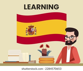 Spain flag with a male teacher, learning or teaching Spain language, bearded man with glasses and country flag vector design, language school concept