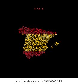 Spanien Flaggenplan, chaotische Partikel Muster in den Farben der spanischen Flagge. Vektorgrafik einzeln auf schwarzem Hintergrund.