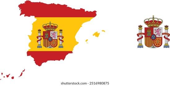 Mapa da bandeira da Espanha. A bandeira do país na forma de fronteiras. Ilustração de vetor de ações isolada sobre fundo branco . Espanha Bandeira Nacional em Forma de Mapa do País 