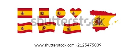 Spain flag and map icon set different shaped. Europe isolated vector illustration