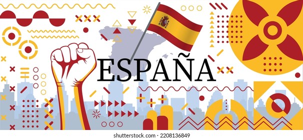 Spain flag and map poster. National day or spain independence day design. spanish celebration. Modern retro design with abstract icons - Independence from Spain