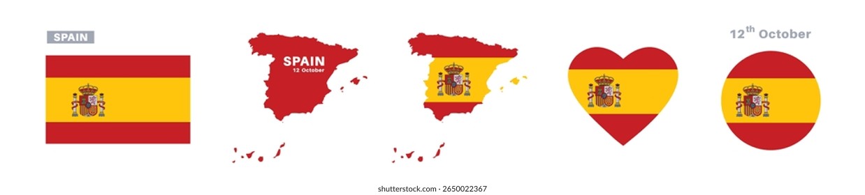 espanha bandeira e conjunto de mapas. espanha bandeira em cores oficiais e proporções. independência dia 12 outubro, mapa, círculo e coração em forma de espanha