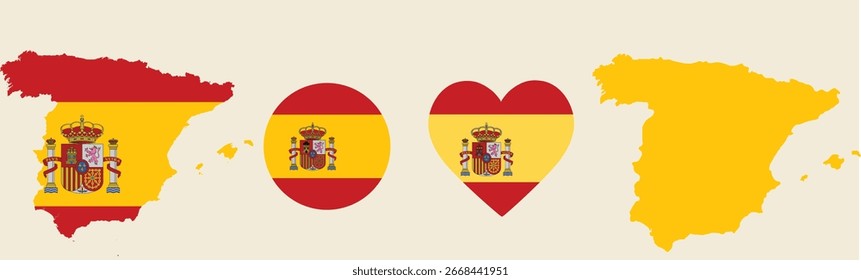 Bandera de España y conjunto de mapas. Bandera de España en colores y proporciones oficiales., mapa, círculo y corazón en forma de España.
