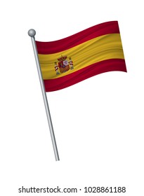 Spain flag on the flagpole. Official colors and proportion correctly. waving of Spain flag on flagpole, vector illustration isolate on white background.