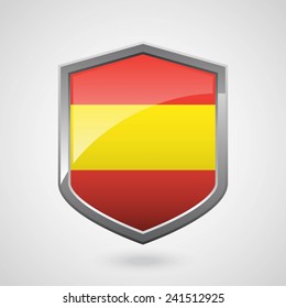 Spain Flag on a Grey Shiny Shield, Vector Illustration isolate on Grey Background