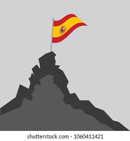 Spain flag on the mountain peak. Business concept, goal achievement, success, winning. Flat style,flag of Spain, vector illustration.EPS10.