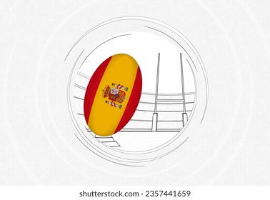 Spain flag on rugby ball, lined circle rugby icon with ball in a crowded stadium. Vector sport emblem on abstract background.