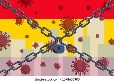 Bandera española con el brote mortal del coronavirus covid-19. Concepto de cuarentena del coronavirus.Brote de coronavirus en España.