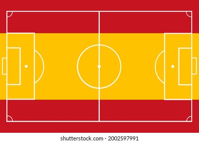 Spain flag over football soccer field vector illustration. Coach table for tactic presentation for players. Sport strategy view. Spanish supporter fan national symbol.