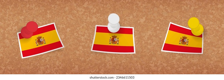 Spain flag pinned in cork board, three versions of Spain flag. Vector pushpins and flag set.