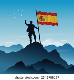 Spain Flag raised on a mountain peak with clear sky in the background, vector illustration