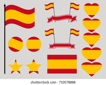 Spain flag set. Collection of symbols heart and circle. Vector illustration
