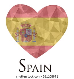 Spain flag shape heart in geometric rumpled triangular low poly origami style graphic illustration,mosaic polygonal style.Symbol of love to country.Retro or vintage style background.