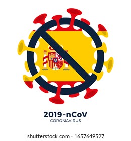 Spain flag Sign caution coronavirus. Stop 2019-nCoV outbreak. Coronavirus danger and public health risk disease and flu outbreak. Pandemic medical concept with dangerous cells. Vector illustration.